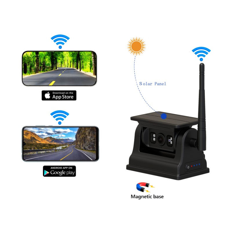 1080P WiFi безжична камера за задно виждане за Android iOS със слънчево зареждане и магнитна стойка