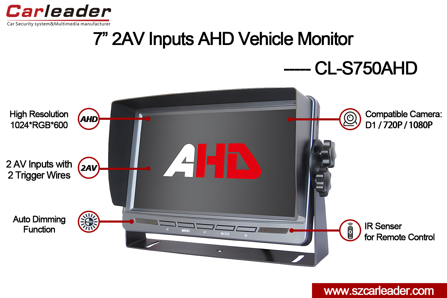 7-инчов TFT LCD AHD монитор за задно виждане за кола